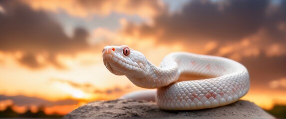 Fototapeta premium Albino Amelanistic Corn Snake with sunset in background. Extremely detailed and realistic high resolution illustration