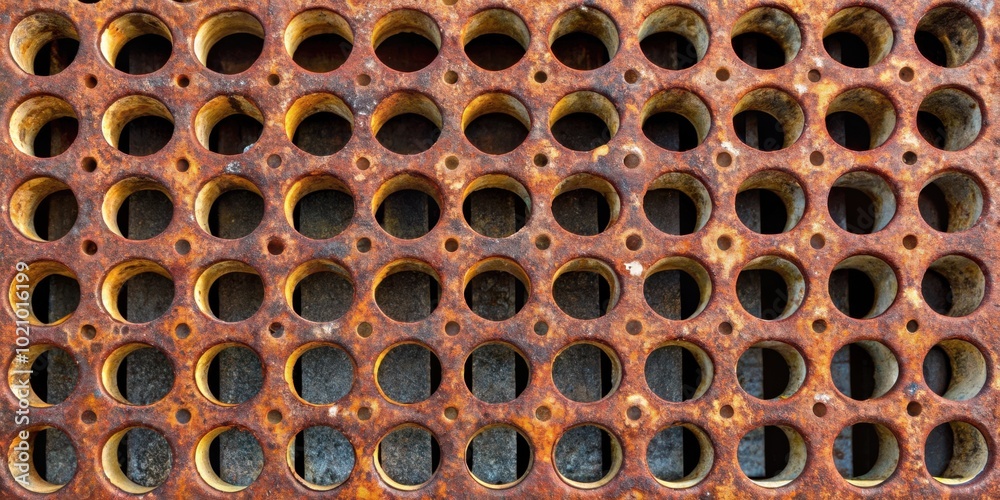 Fototapete a weathered metal grate with a pattern of circular holes, showing the effects of time and exposure t