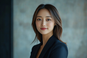Fototapeta premium A young Asian woman in a black blazer smiles confidently.