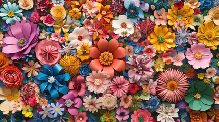 A creative scene featuring a variety of paper flowers in different shapes and sizes, arranged in a colorful, playful pattern