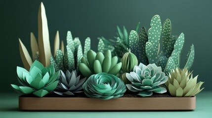 Fototapeta premium A decorative piece featuring paper succulents and cacti, arranged artistically in a wooden planter, adding a modern touch to decor