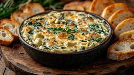 A creamy spinach and artichoke dip served with toasted baguette slices, arranged neatly on a serving platter for an appetizer