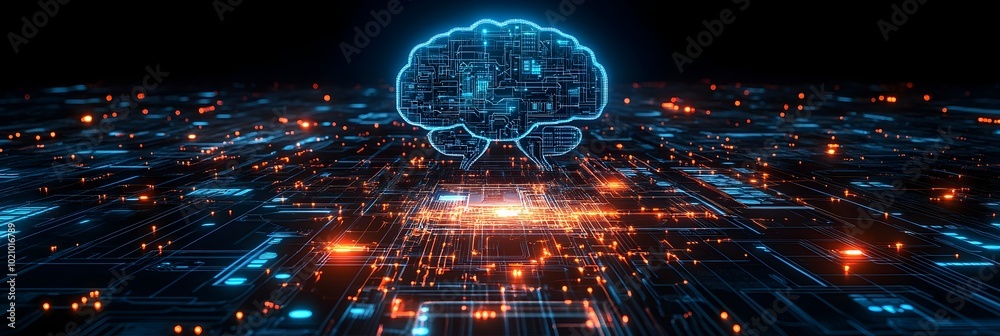 Poster Glowing Digital Brain Futuristic Technology Intelligence Concept. Modern Abstract Background with Illuminated Circuit Boards,Microchips.