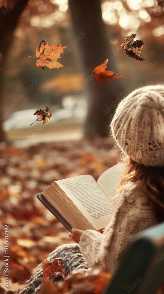 Wall mural A person sitting on a bench reading a book