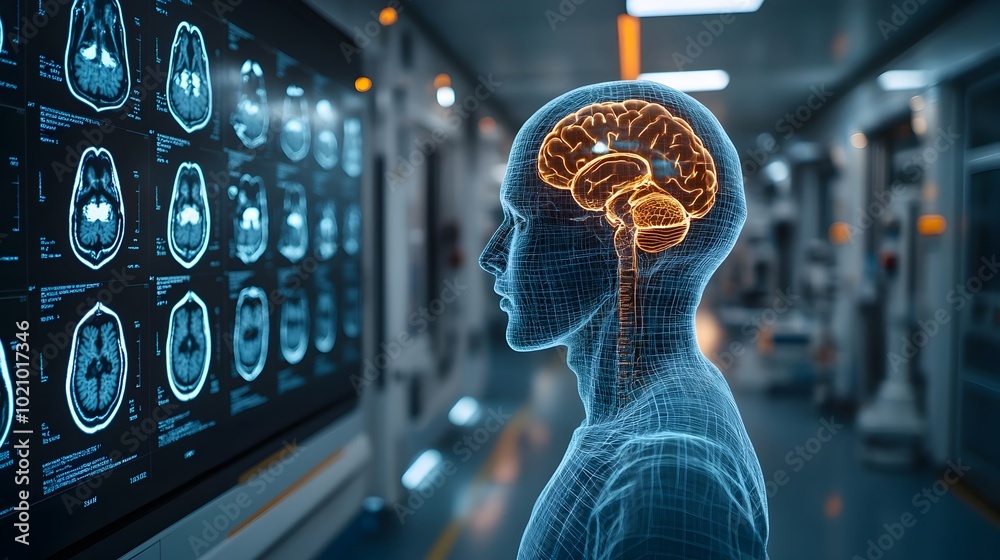 Poster glowing digital brain scan image in a high-tech medical research laboratory setting,representing adv
