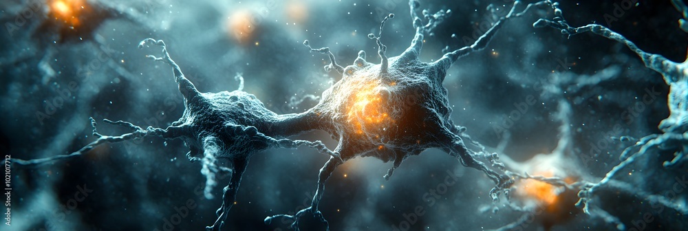 Poster glowing synaptic connections of a neural network in a dynamic,abstract background,representing the c
