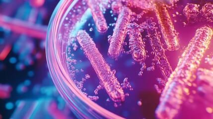 Close-up of pink and purple crystals in a petri dish.