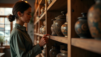A Cozy Scene of a Person Standing on a Wooden Shelf in a Quaint Shop, Observing Beautifully Adorned Items