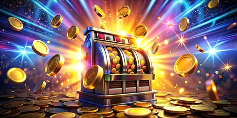 A gleaming slot machine with a multitude of golden coins cascading from its reels, amidst an exhilarating display of lights and radiance.