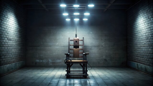 An Eerie, Dimly Lit Room with a Wooden Electric Chair and a Row of Overhead Lights