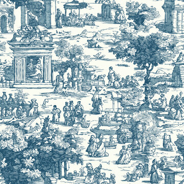 A Toile de Jouy seamless pattern featuring intricate scenes from a bustling ancient marketplace