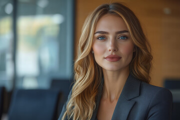 Obraz premium A young woman with blonde hair and blue eyes looks directly at the camera.