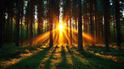 Obraz premium Sun Rays Filtering Through Pine Forest