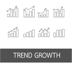 Fototapeta premium Growing bar graph icon set. Business graphs and charts icons. Statistics and analytics vector icon. Statistic and data, charts diagrams, money, down or up arrow. Vector illustration.
