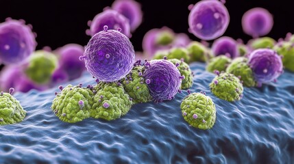 Microscopic view of purple and green cells on blue surface.