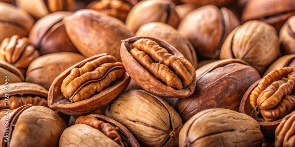 Poster A close-up of pecan nuts, showcasing the intricate details of their shells and the rich, buttery color of the kernels inside.