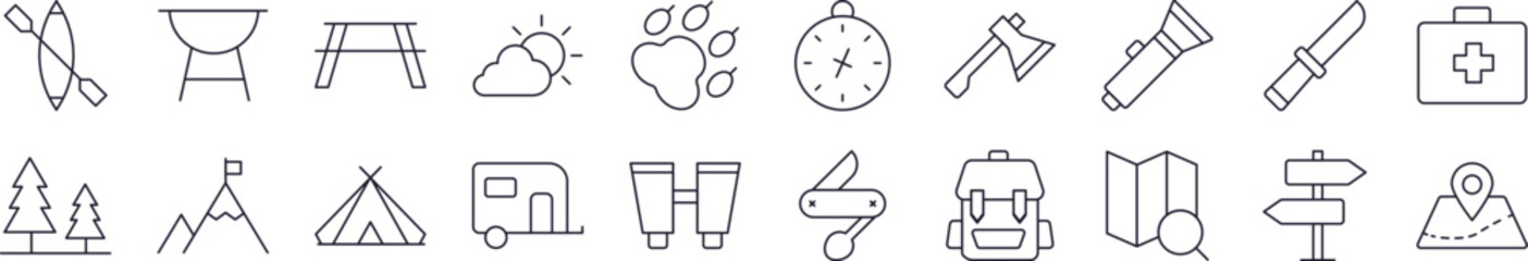 Backpack, Map Pin, Camping, Travel, Vacation Outline Picture Collection. Editable Stroke. Perfect for Infographics, Articles, Books, Flyers, Banners