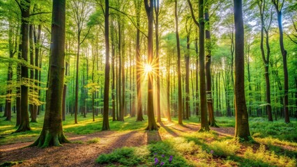 Sunbeams Illuminate a Tranquil Woodland, Casting Long Shadows Through the Lush Green Canopy