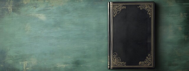 A black leather book with decorative borders