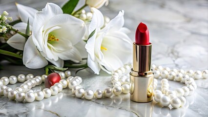 A single lipstick tube surrounded by a pearl necklace and white blossoms, creating a visual representation of feminine beauty and elegance.