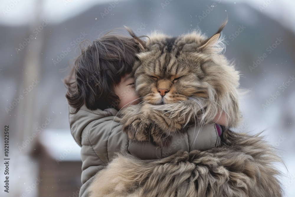 Wall mural a boy holding a giant fluffy cat, funny and colorful moment, first pet joy.