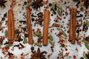 The image displays a variety of spices scattered across a white sugar surface. There are three prominent cinnamon sticks aligned parallel to each other, surrounded by an assortment of whole spices.
