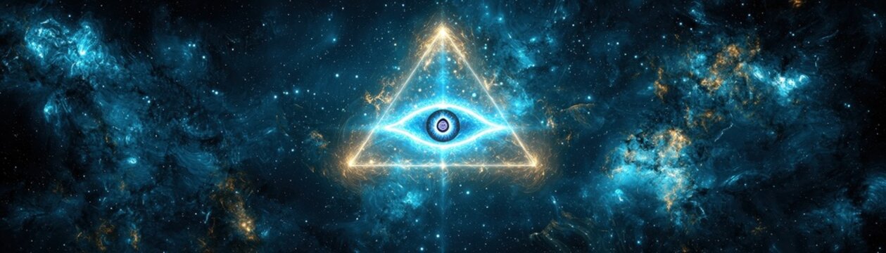 Third eye activation concept. A mystical all-seeing eye within a glowing triangle, set against a cosmic backdrop of stars and galaxies