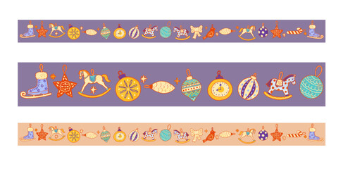 Set of borders for decorating cards, invitations: Christmas tree decorations and balls, bubbles