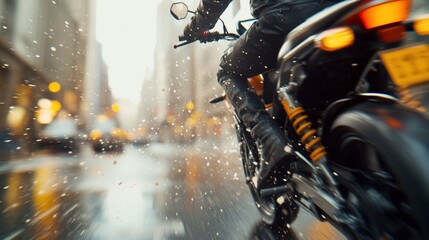 Rider navigating a rainy city street on a motorcycle
