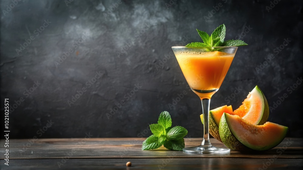 Poster A refreshing summer cocktail with a delicate layer of mint and a side of cantaloupe melon slices