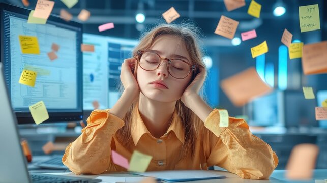 A person staring blankly at a computer screen, surrounded by sticky notes, symbolizing work overload