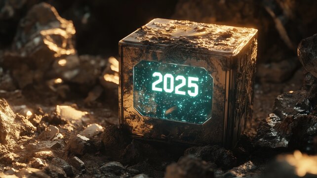 futuristic time capsule made of vibranium, projecting a holographic year 2025, and has specks of dirt from being unearthed recently