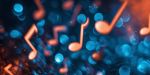 A dynamic display of musical notes amid vibrant bokeh lights, capturing the energy and flow of sound and music.