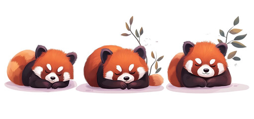 Fototapeta premium three set of red panda sleeping cartoon isolated transparent background