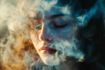A woman deep in thought, enveloped by swirling smoke, evokes a sense of mystery and introspection.