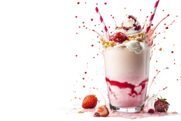 Delicious strawberry milkshake with whipped cream and splashes of flavor, set against a white background.