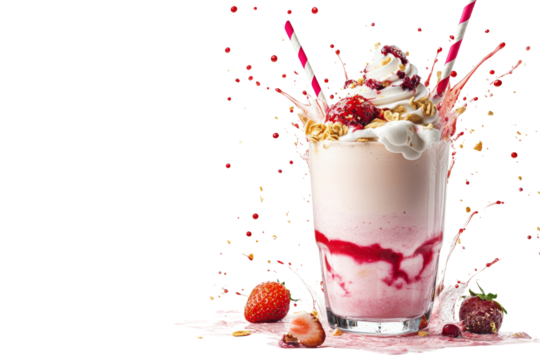 Delicious strawberry milkshake with whipped cream and splashes of flavor, set against a white background.