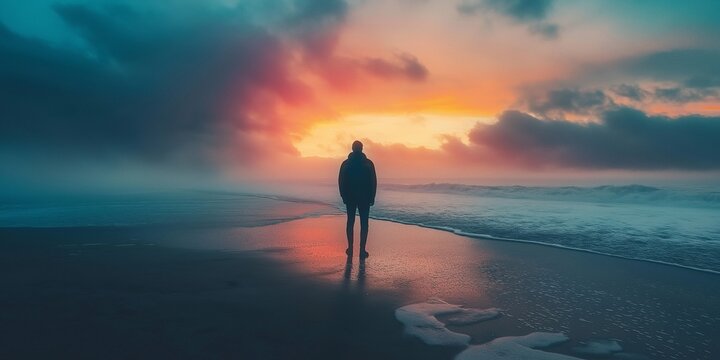 A lone figure walks along a misty beach, silhouetted against the vibrant hues of a sunset sky over a vast ocean. - Powered by Adobe