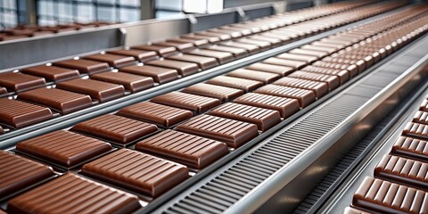 The Steady Flow of Chocolate Bars on a Conveyor Belt, a Glimpse into the Mass Production of a Beloved Treat