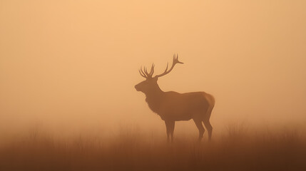 Red deer stag silhouette in the mist.