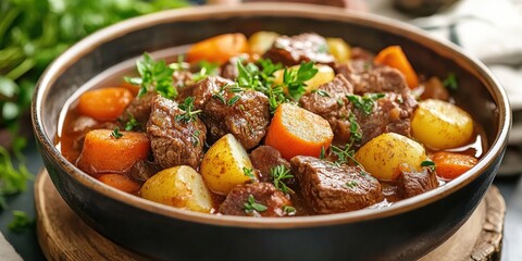 Hearty beef stew with potatoes and carrots in a rustic bowl garnished with fresh herbs.
