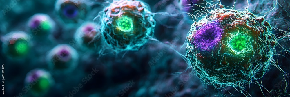 Poster microscopic view of viruses or other pathogens under a laboratory microscope,used for scientific res