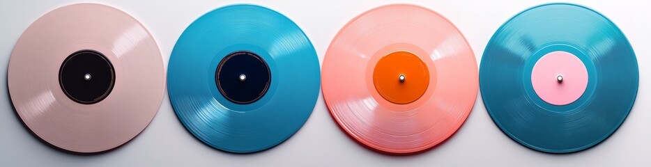 Four colored vinyl records are lined up on a white background