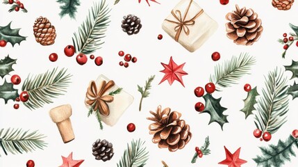 Christmas pattern with decorations for the Christmas tree, balls and spruce branches, Christmas background, seamless wallpaper, New Year's pattern