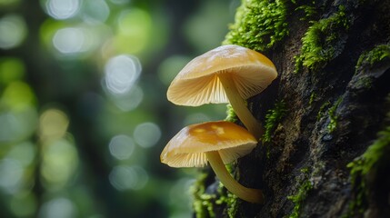 A close-up of two small mushrooms growing on the side of an old tree trunk, with moss covering its base and a blurred background