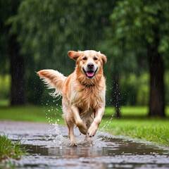 golden retriever running in the rain