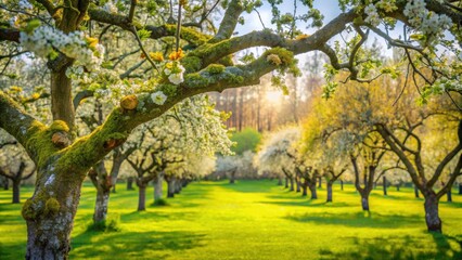 Obraz premium A moss-covered tree branch frames a sun-drenched orchard, showcasing a vibrant green lawn and a multitude of flowering trees in full bloom
