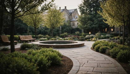 Modern Garden with Fire Pit and Comfortable Seating Area