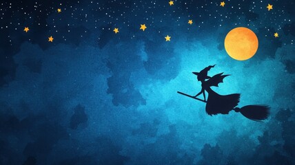 Naklejka premium Silhouette of a witch flying on a broom under stars and a full moon, dark blue background.