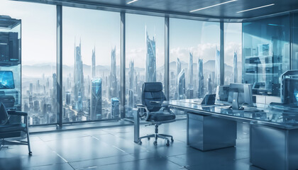 Futuristic Office with Panoramic View of City Skyline